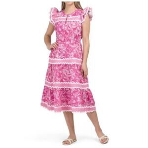 NWT Sail to Sable Tier Ruffle Sunburst Pink Midi Dress Ric Rac Trim size Large